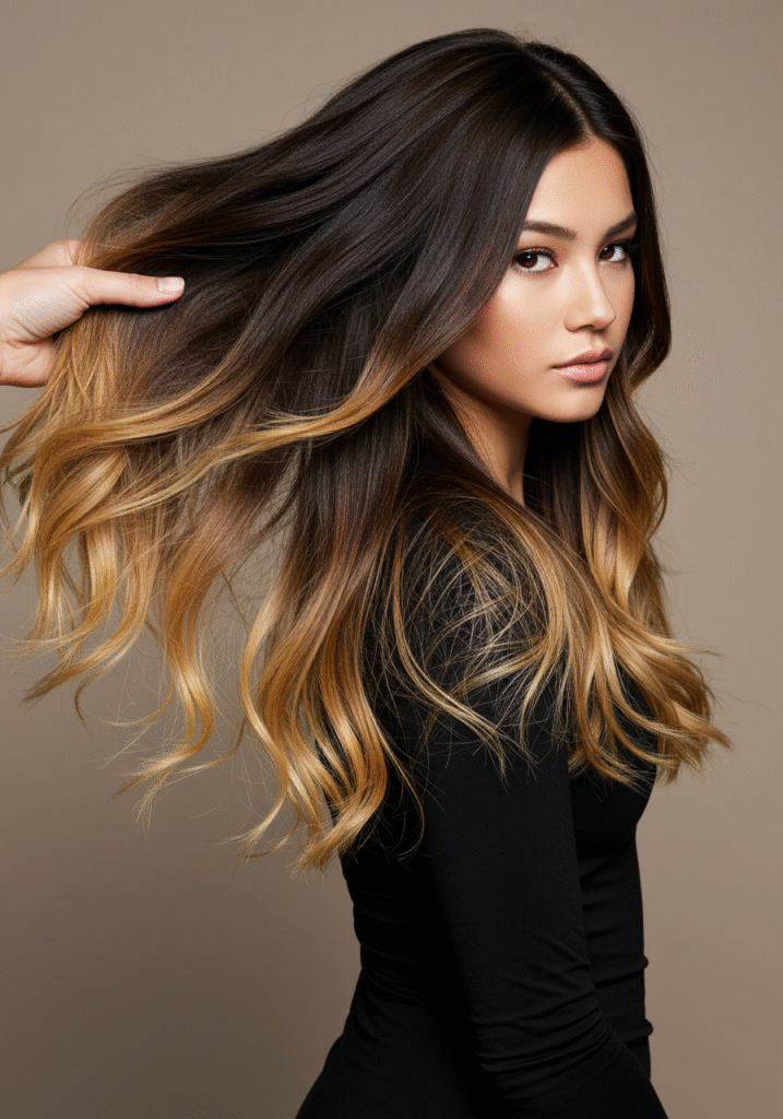 Caramel highlights on dark brown hair